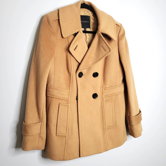 TALBOTS Tan Brown Wool Blend Double Breasted Long Sleeve Coat Jacket Sz 8 - Picture 2 of 6